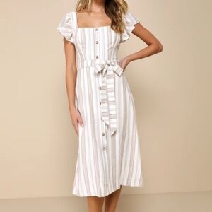 Lulus Mediterranean Moves White Striped Flutter Sleeve Midi Dress XL